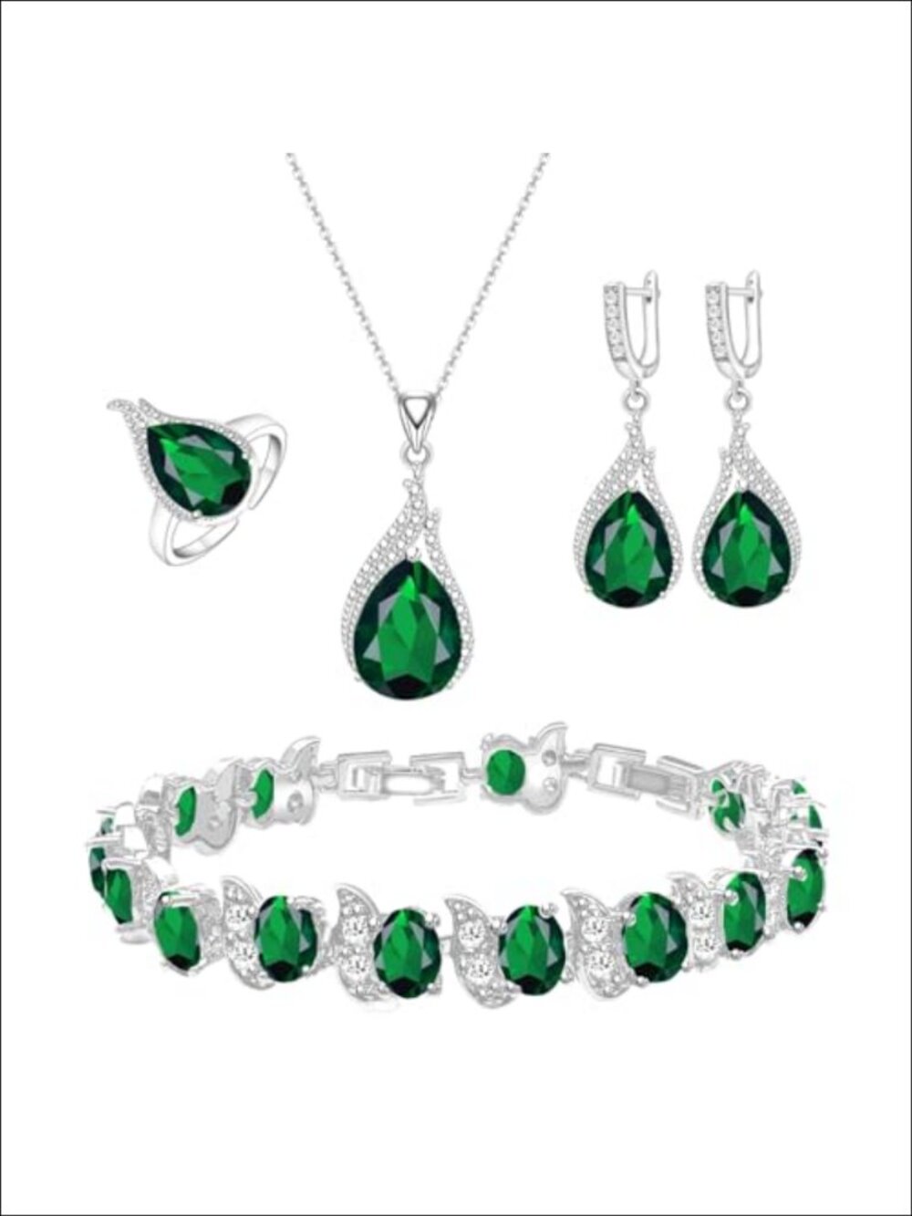 White Gold Plated Teardrop Created Emerald Cubic Zirconia Jewelry Set